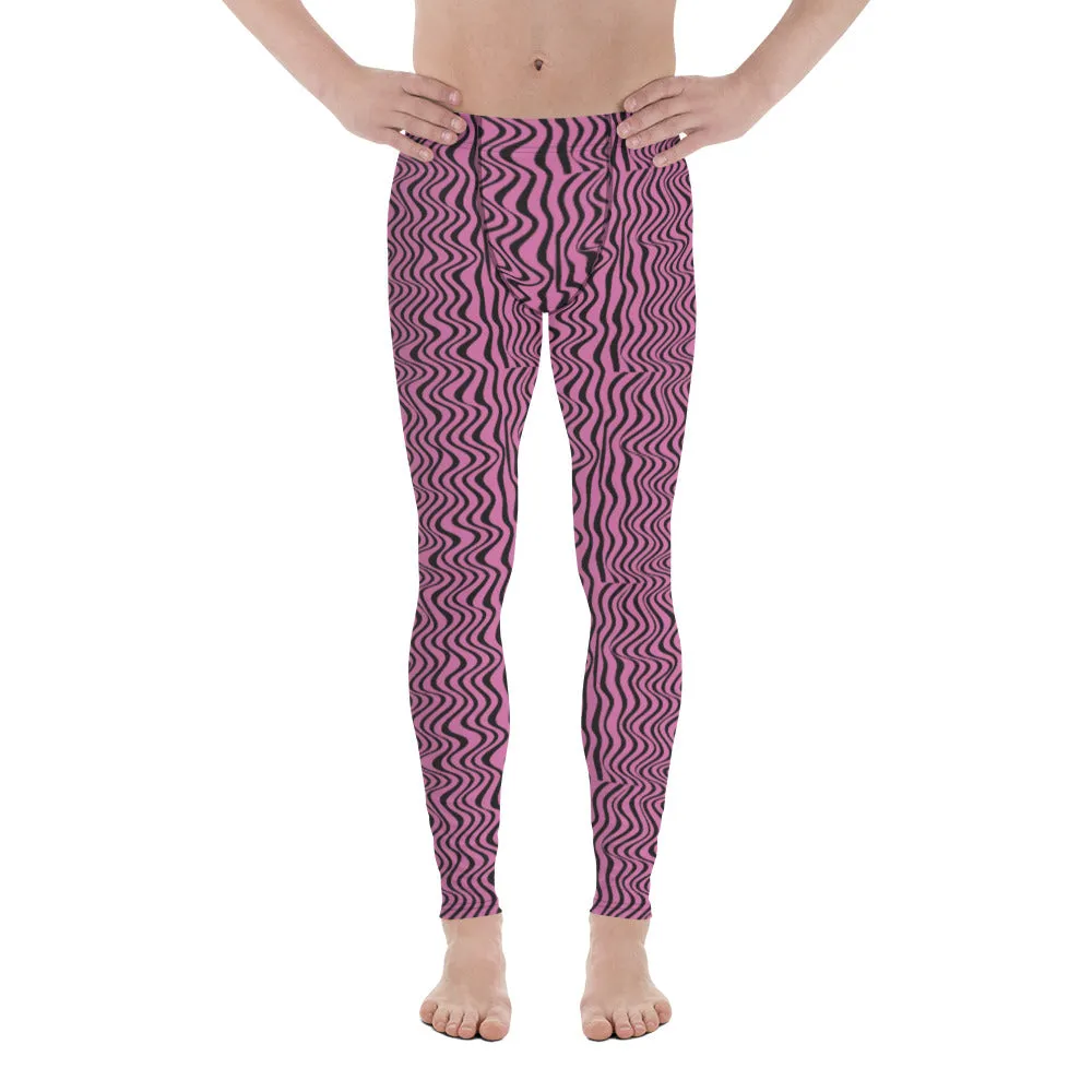 Pink Black Wavy Men's Leggings, Pattern Meggings Premium Luxury Tights-Made in USA/EU