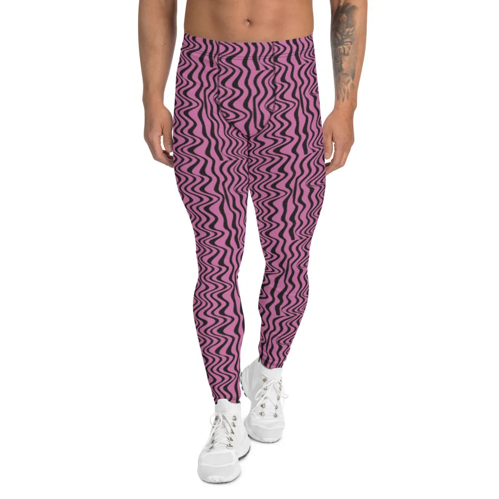 Pink Black Wavy Men's Leggings, Pattern Meggings Premium Luxury Tights-Made in USA/EU