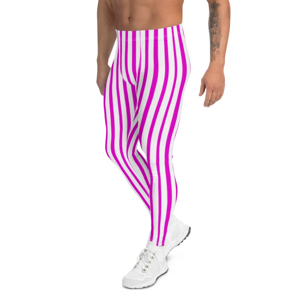 Pink Striped Men's Leggings, Vertical Stripes Modern Meggings Running Tights-Made in USA/EU