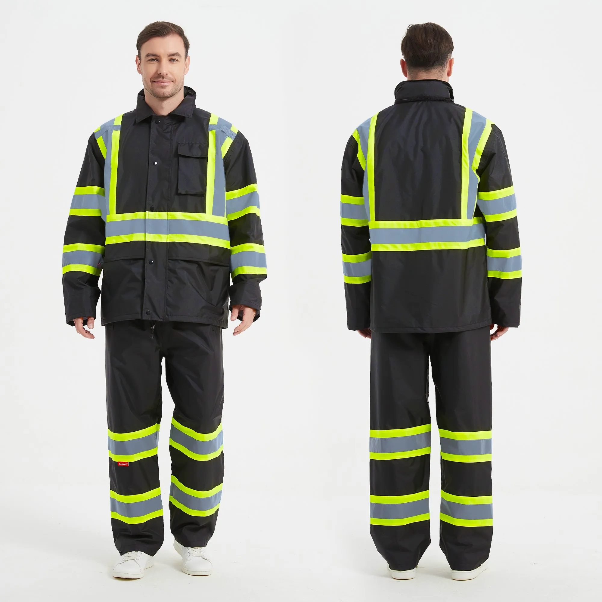 ProtectX High Visibility Rain Suit for Men Waterproof, Hi Vis Reflective Safety Rain Jacket Pant Set Rain Coat - Black