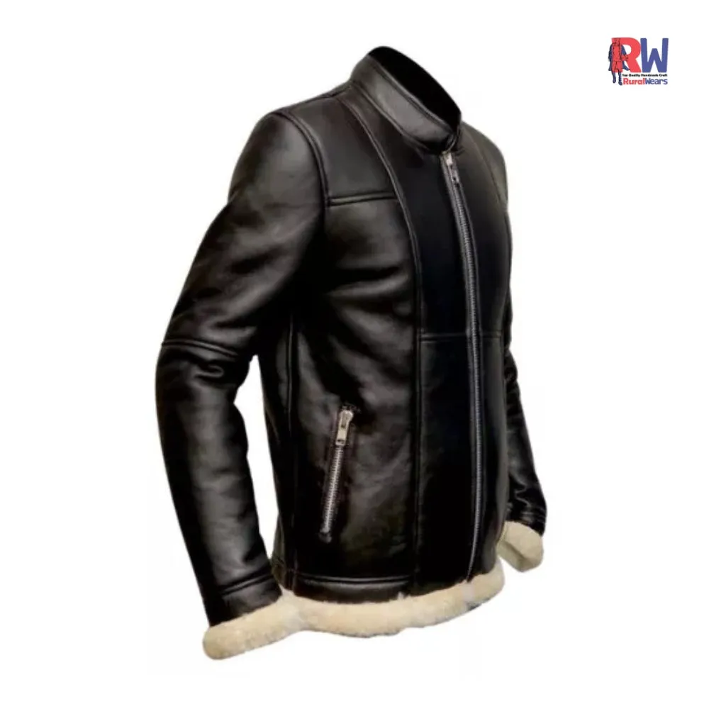 RW Authentic sheepskin B3 Slimfit with Genuine Shearling Black Biker Real Leather Jacket