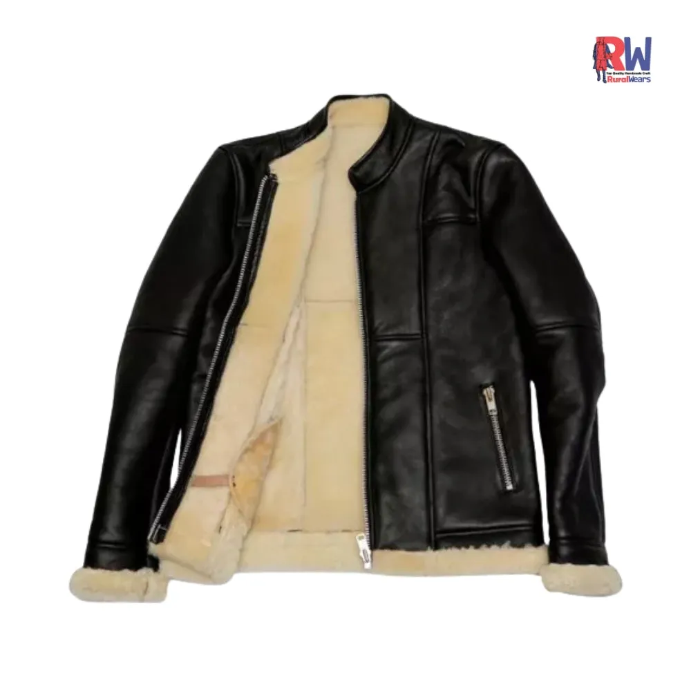 RW Authentic sheepskin B3 Slimfit with Genuine Shearling Black Biker Real Leather Jacket
