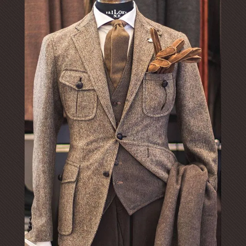Toleet classy outfits men British Retro Fashion Hunting Suit plus Size Suit Tweed Wool Coat Multi-Bag Herringbone Pattern Workwear Suit Single